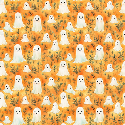 Pattern of cute, smiling ghost illustrations on an orange background with leafy accents.