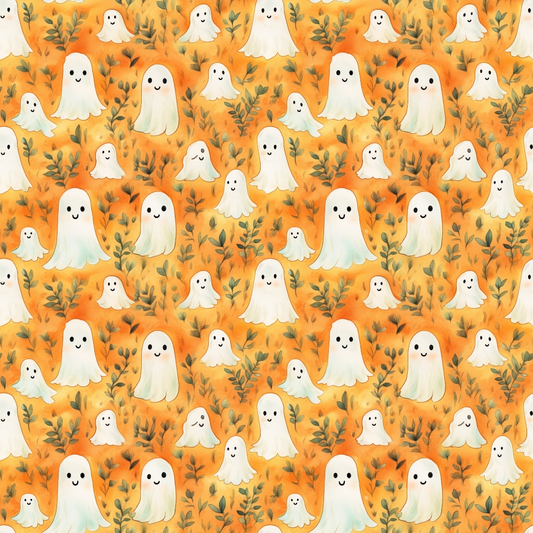 Pattern of cute, smiling ghost illustrations on an orange background with leafy accents.