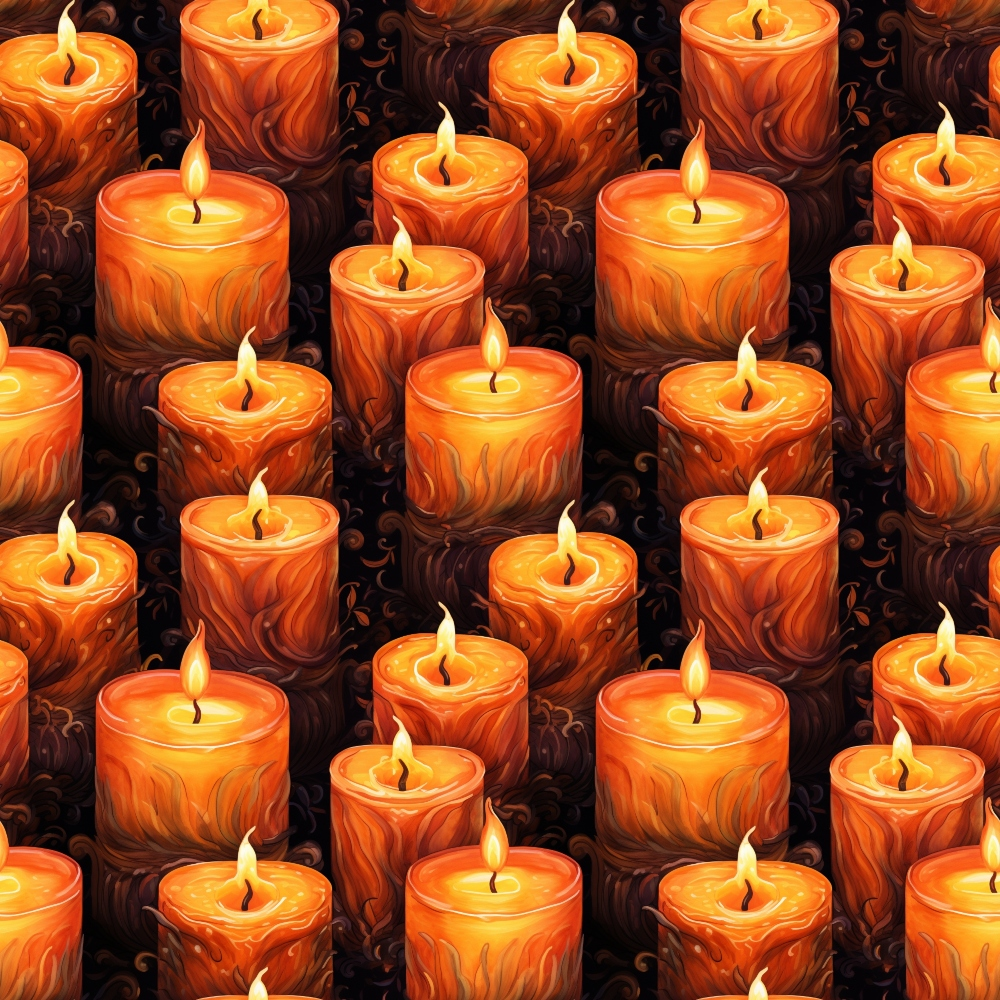 Seamless pattern of lit orange candles with swirling wax details, creating a warm and glowing ambiance.