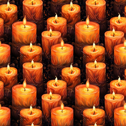 Seamless pattern of lit orange candles with swirling wax details, creating a warm and glowing ambiance.