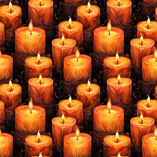 Seamless pattern of lit orange candles with swirling wax details, creating a warm and glowing ambiance.