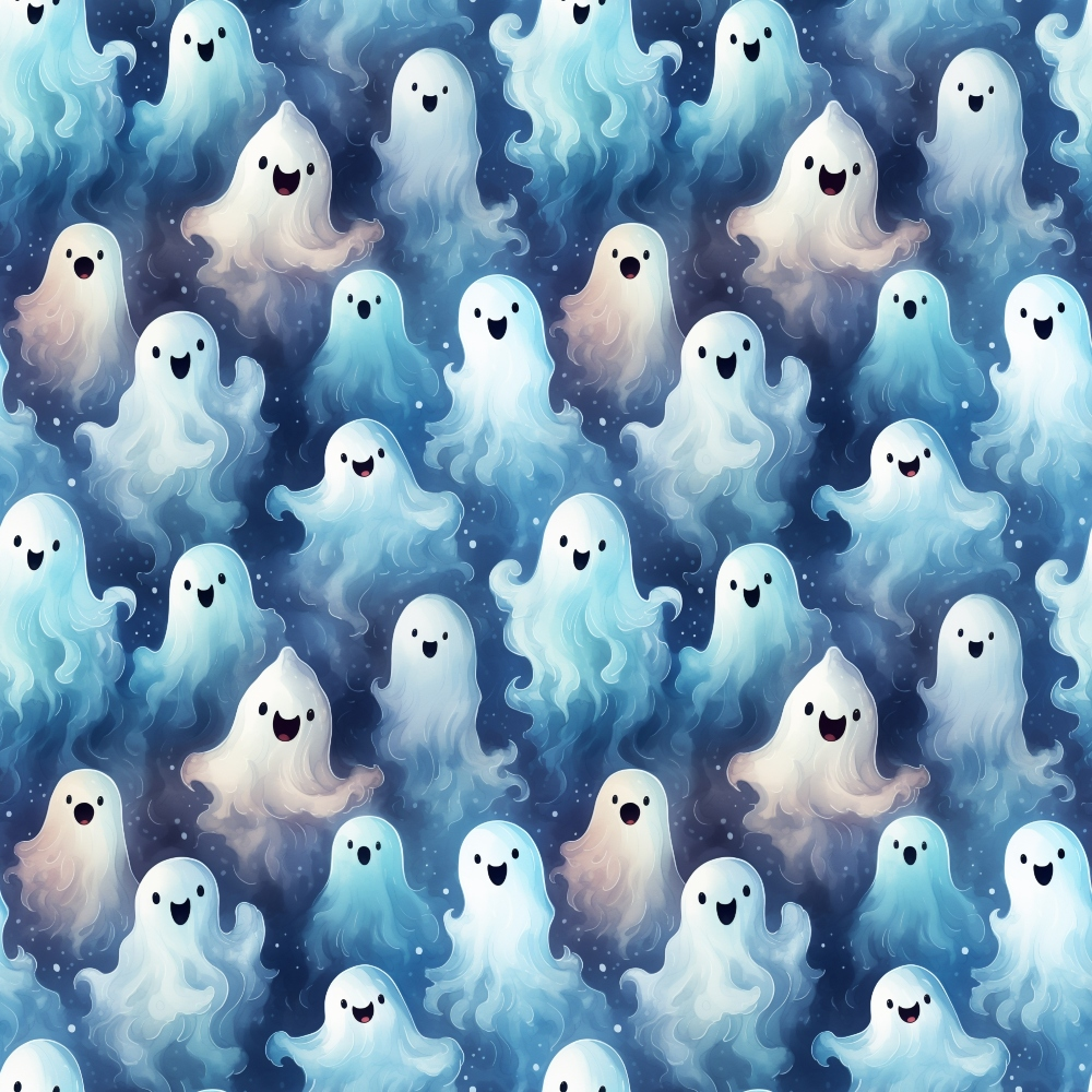 Pattern of cute cartoon ghosts with smiling faces in various shades of blue and white, set against a dark background.