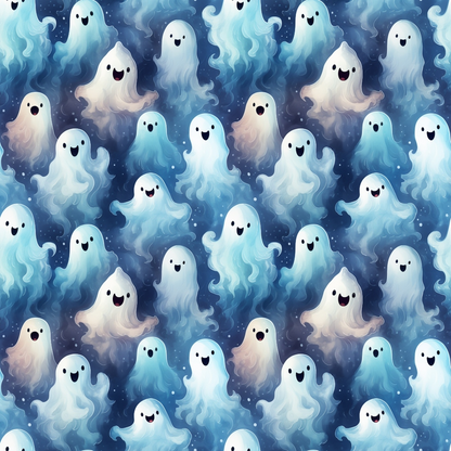 Pattern of cute cartoon ghosts with smiling faces in various shades of blue and white, set against a dark background.