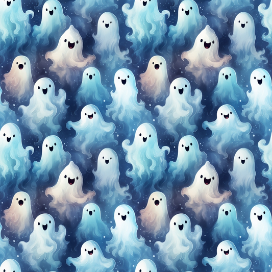 Pattern of cute cartoon ghosts with smiling faces in various shades of blue and white, set against a dark background.