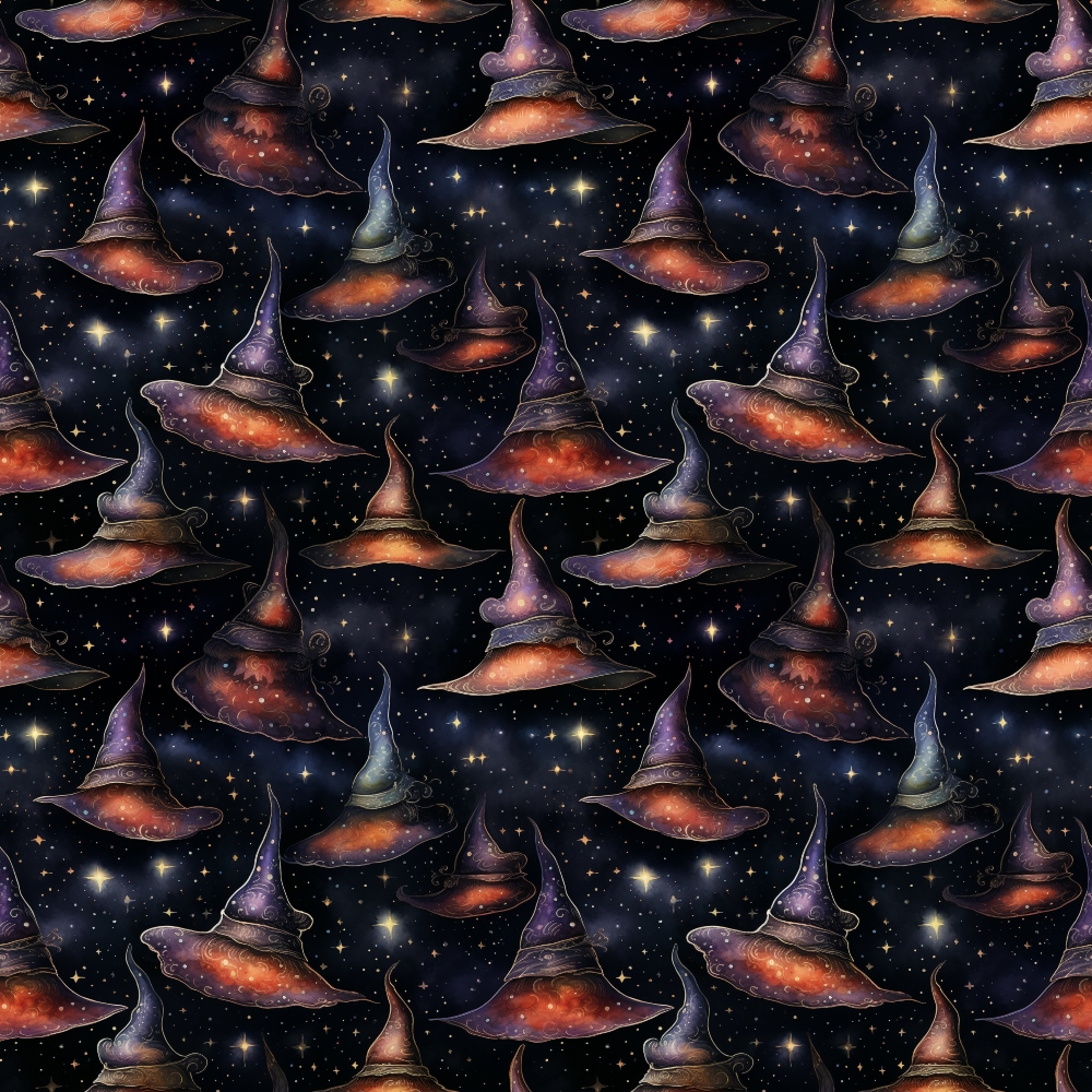 Pattern of various colorful witch hats on a dark, starry background.