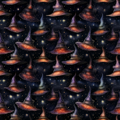 Pattern of various colorful witch hats on a dark, starry background.