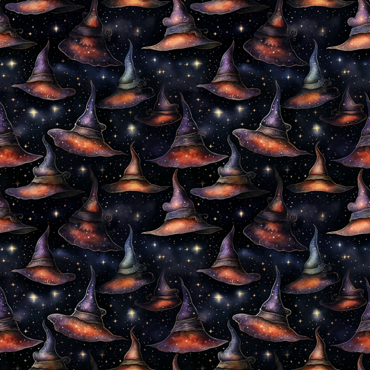 Pattern of various colorful witch hats on a dark, starry background.