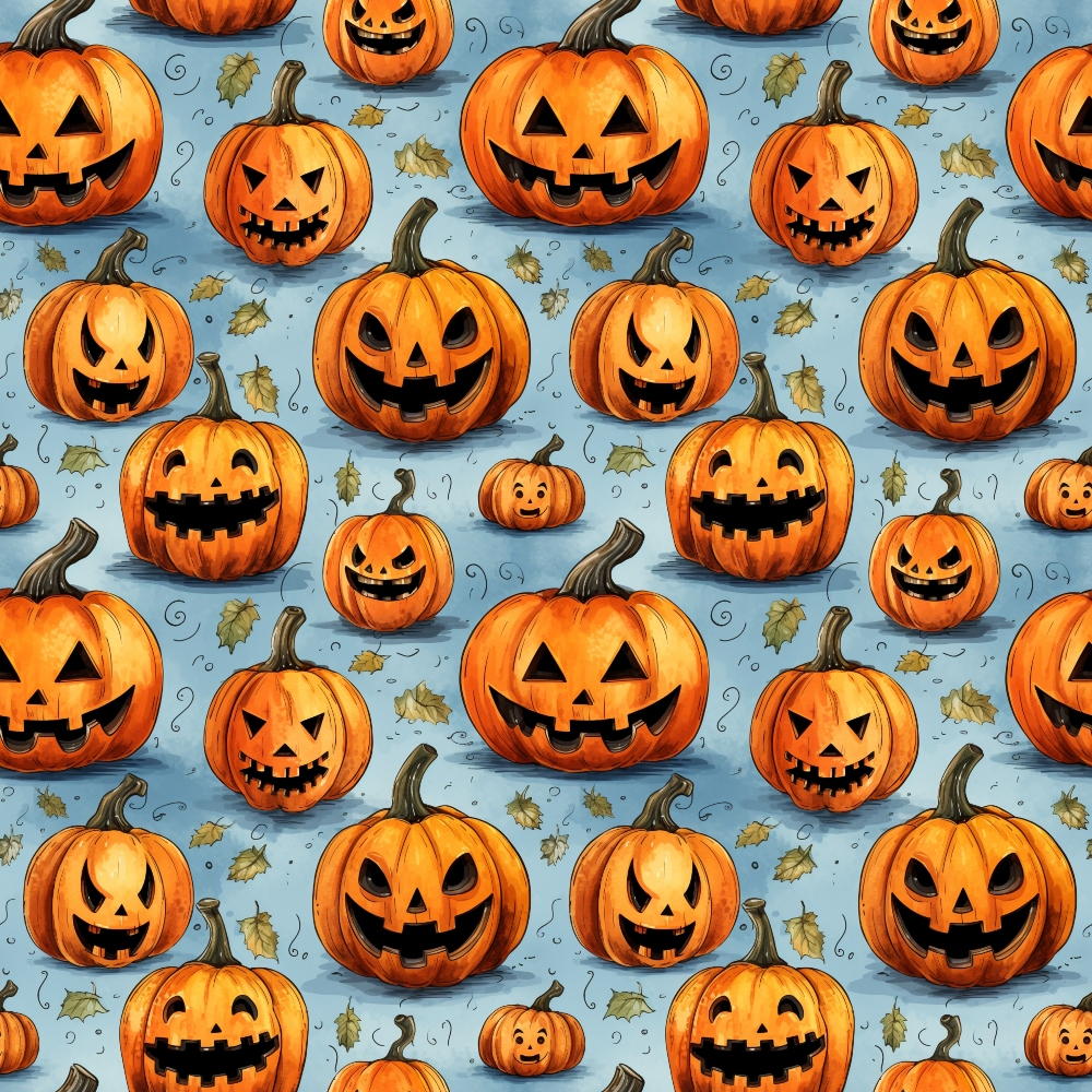 Pattern of carved pumpkins with smiling faces, surrounded by autumn leaves and squiggly lines on a light blue background.