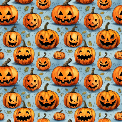 Pattern of carved pumpkins with smiling faces, surrounded by autumn leaves and squiggly lines on a light blue background.