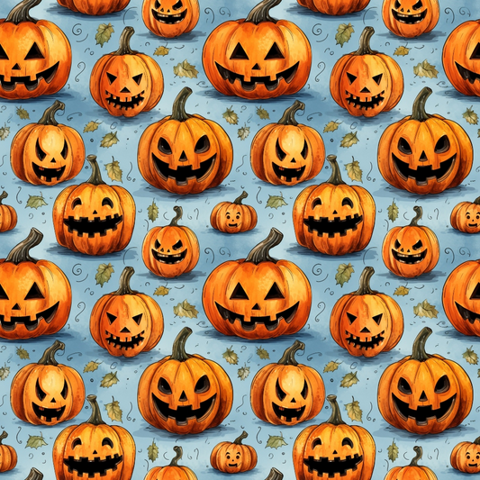 Pattern of carved pumpkins with smiling faces, surrounded by autumn leaves and squiggly lines on a light blue background.