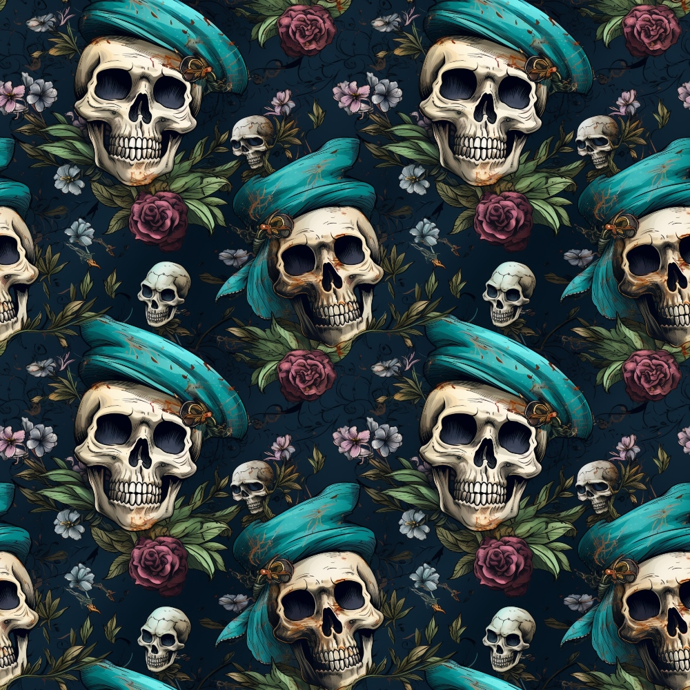 Seamless pattern of skulls wearing teal hats, surrounded by roses and green leaves on a dark background.