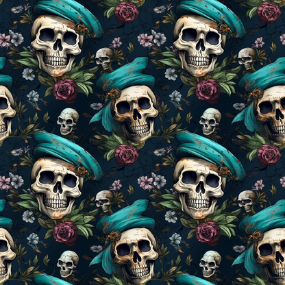 Seamless pattern of skulls wearing teal hats, surrounded by roses and green leaves on a dark background.