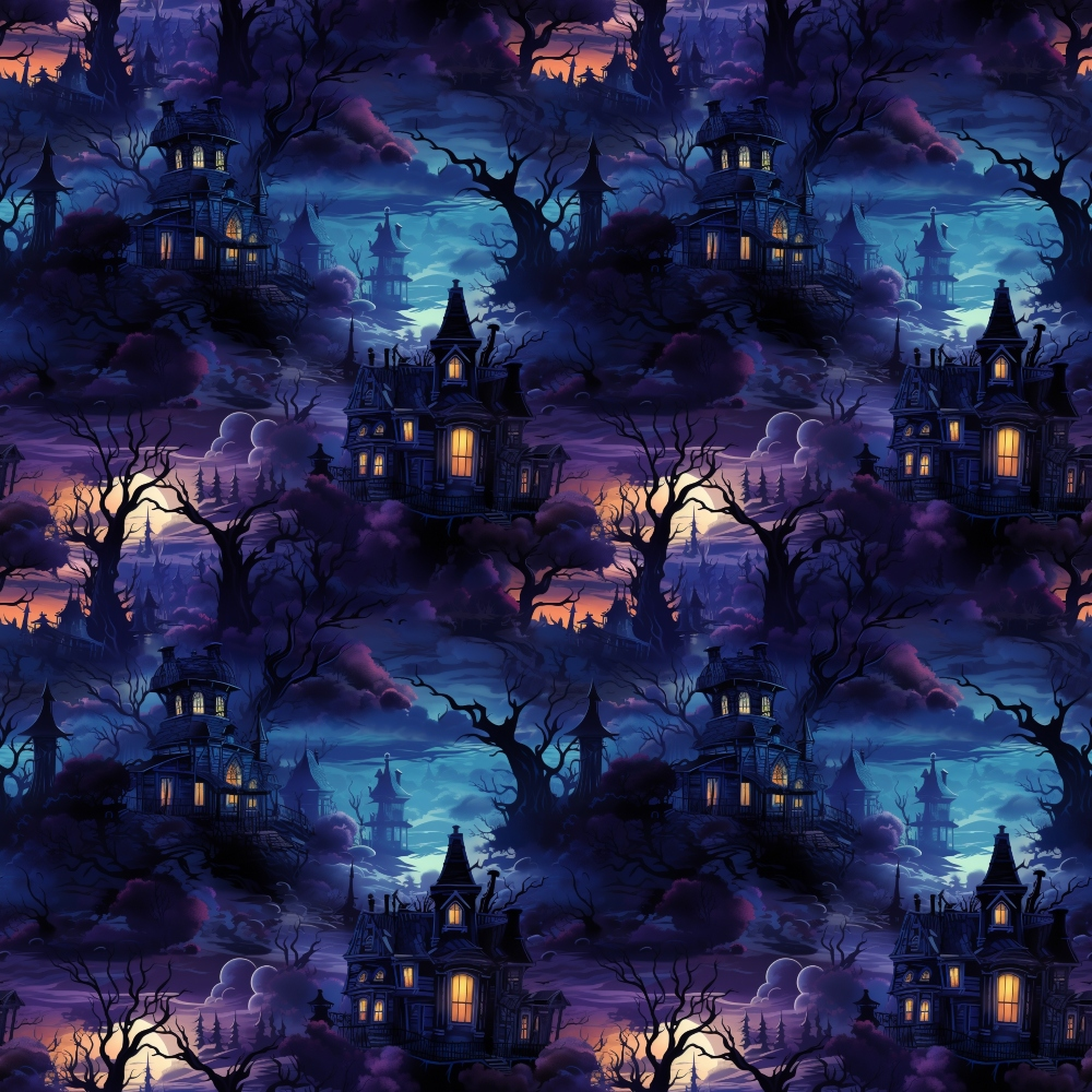 Pattern of haunted houses with glowing windows, surrounded by dark, twisted trees under a cloudy, colorful twilight sky.