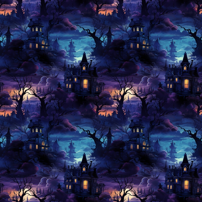 Pattern of haunted houses with glowing windows, surrounded by dark, twisted trees under a cloudy, colorful twilight sky.