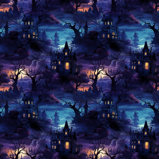 Pattern of haunted houses with glowing windows, surrounded by dark, twisted trees under a cloudy, colorful twilight sky.