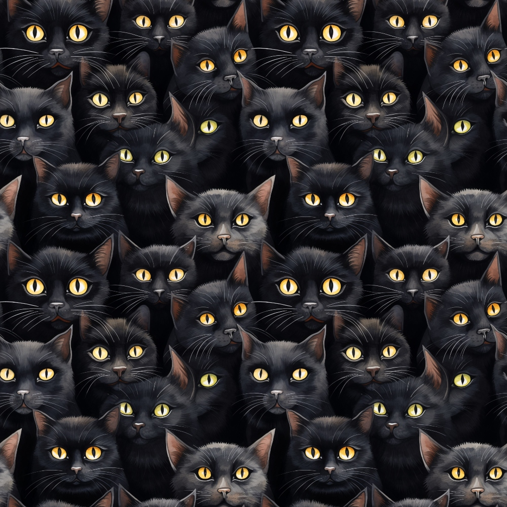 Pattern of numerous black cats with yellow eyes, closely arranged, all facing forward, with some variations in fur texture and ear position.