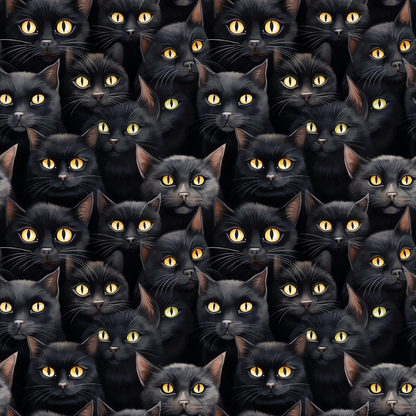 Pattern of numerous black cats with yellow eyes, closely arranged, all facing forward, with some variations in fur texture and ear position.