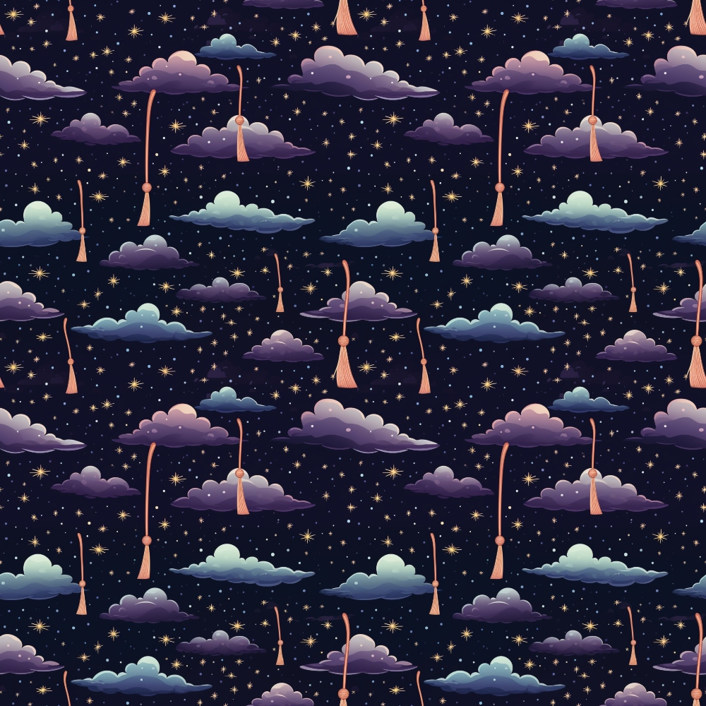 Seamless pattern of clouds, stars, and moons with strings against a dark sky background.