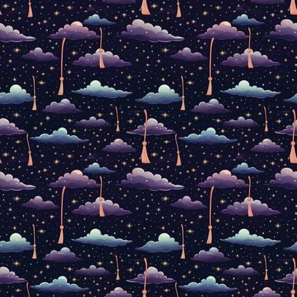 Seamless pattern of clouds, stars, and moons with strings against a dark sky background.