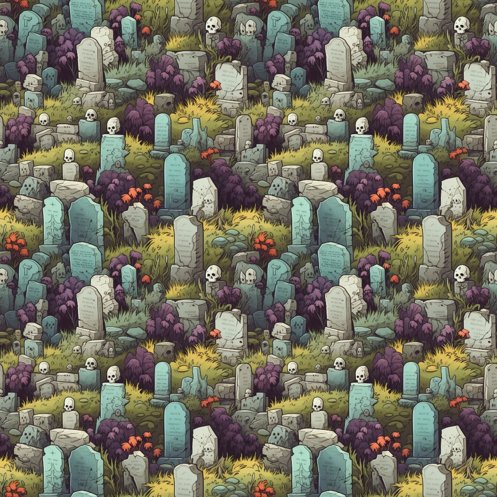 Cartoon cemetery pattern with various tombstones, skulls, and ghostly figures surrounded by grass and colorful plants.