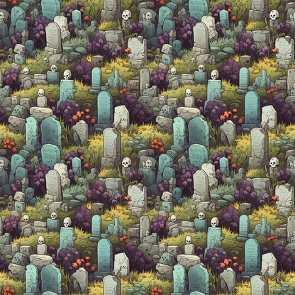 Cartoon cemetery pattern with various tombstones, skulls, and ghostly figures surrounded by grass and colorful plants.