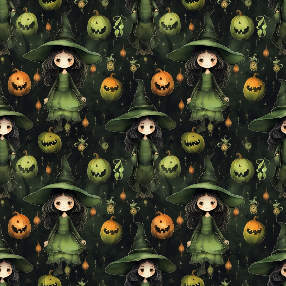 Pattern of a cute witch in a green dress and hat, surrounded by smiling pumpkins and lanterns on a dark background.