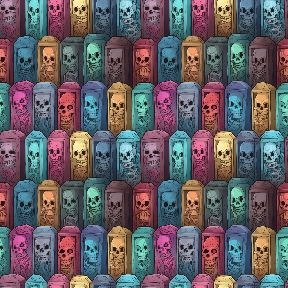 Pattern of colorful coffins containing cartoon skulls and skeletons in various poses.