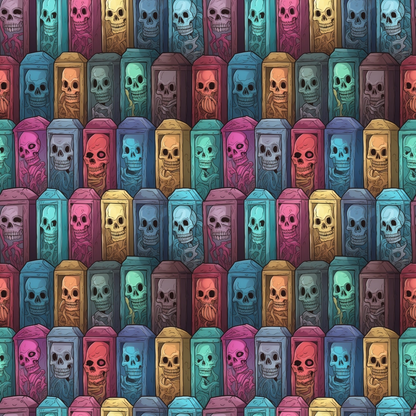 Pattern of colorful coffins containing cartoon skulls and skeletons in various poses.