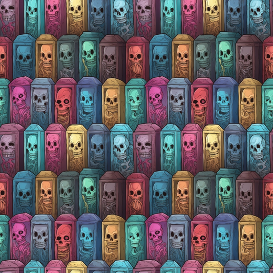 Pattern of colorful coffins containing cartoon skulls and skeletons in various poses.