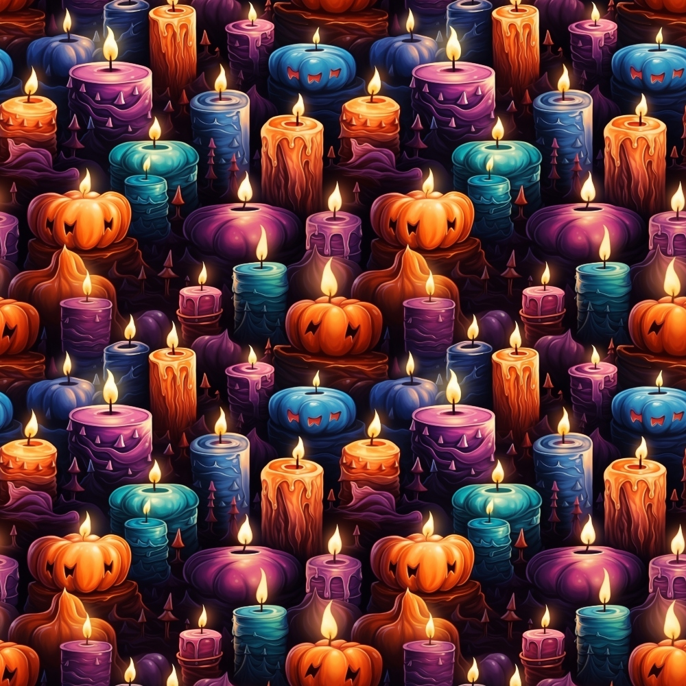 Seamless pattern of various lit candles in orange, purple, and blue with carved pumpkin designs on a dark background.