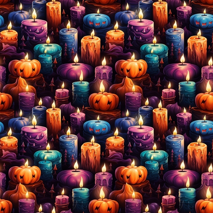 Seamless pattern of various lit candles in orange, purple, and blue with carved pumpkin designs on a dark background.