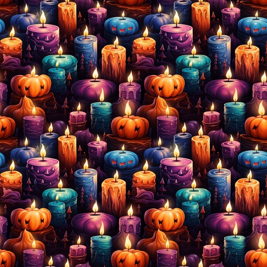 Seamless pattern of various lit candles in orange, purple, and blue with carved pumpkin designs on a dark background.