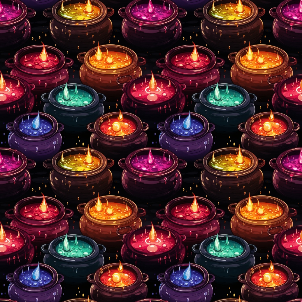 Illustration of colorful potion cauldrons with bubbling liquids in red, orange, yellow, green, blue, and purple, arranged in a repeating pattern against a dark background.