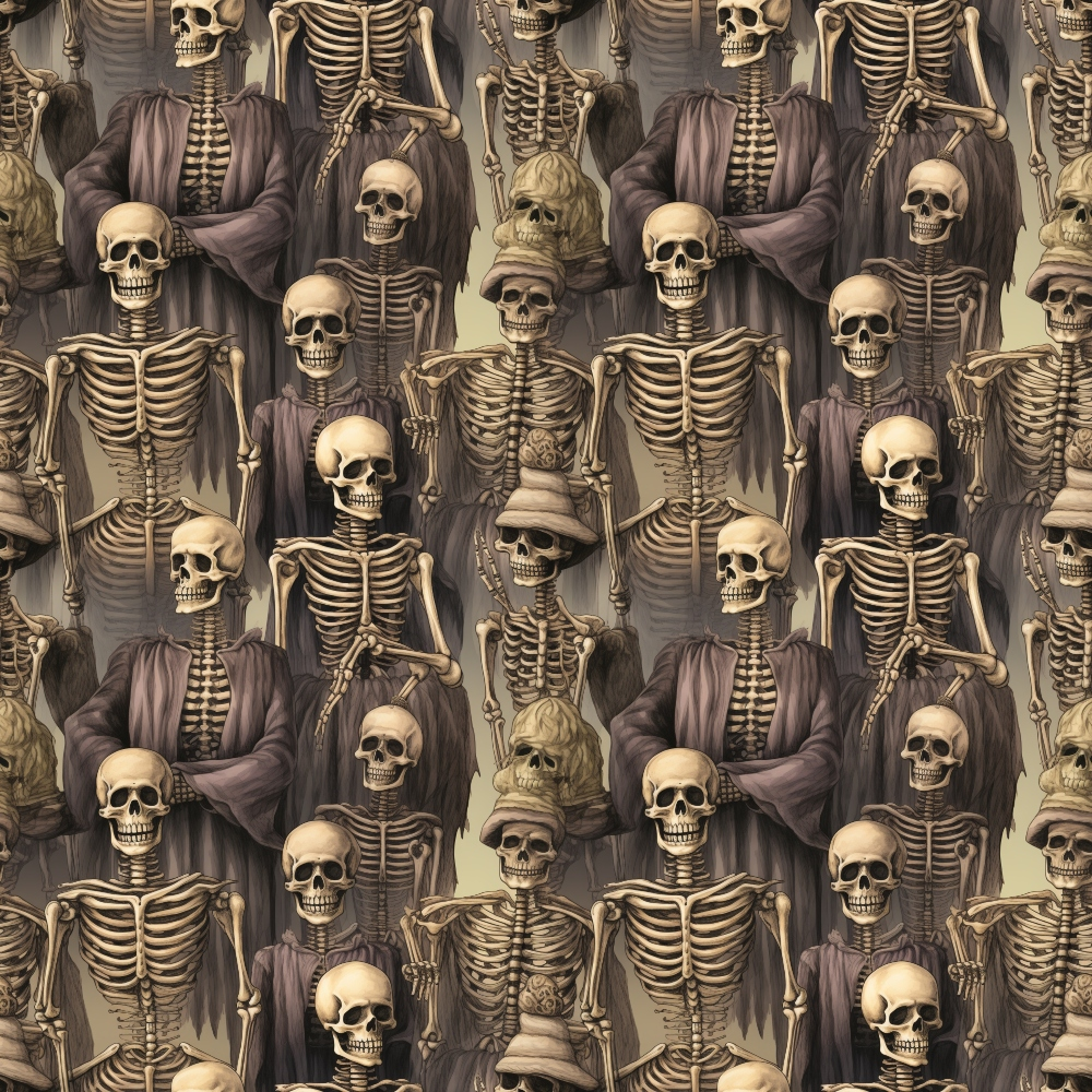 Pattern of skeletal figures with cloaks and scythes, arranged closely together.