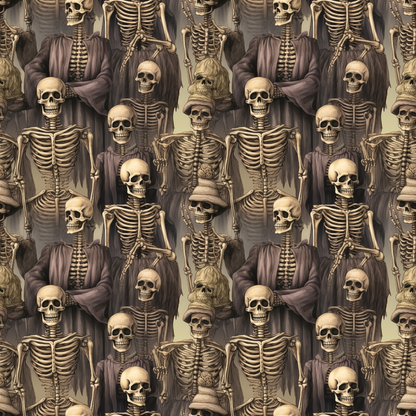 Pattern of skeletal figures with cloaks and scythes, arranged closely together.