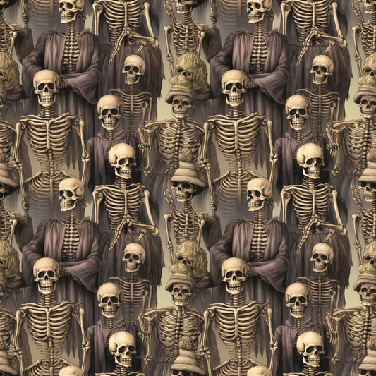 Pattern of skeletal figures with cloaks and scythes, arranged closely together.