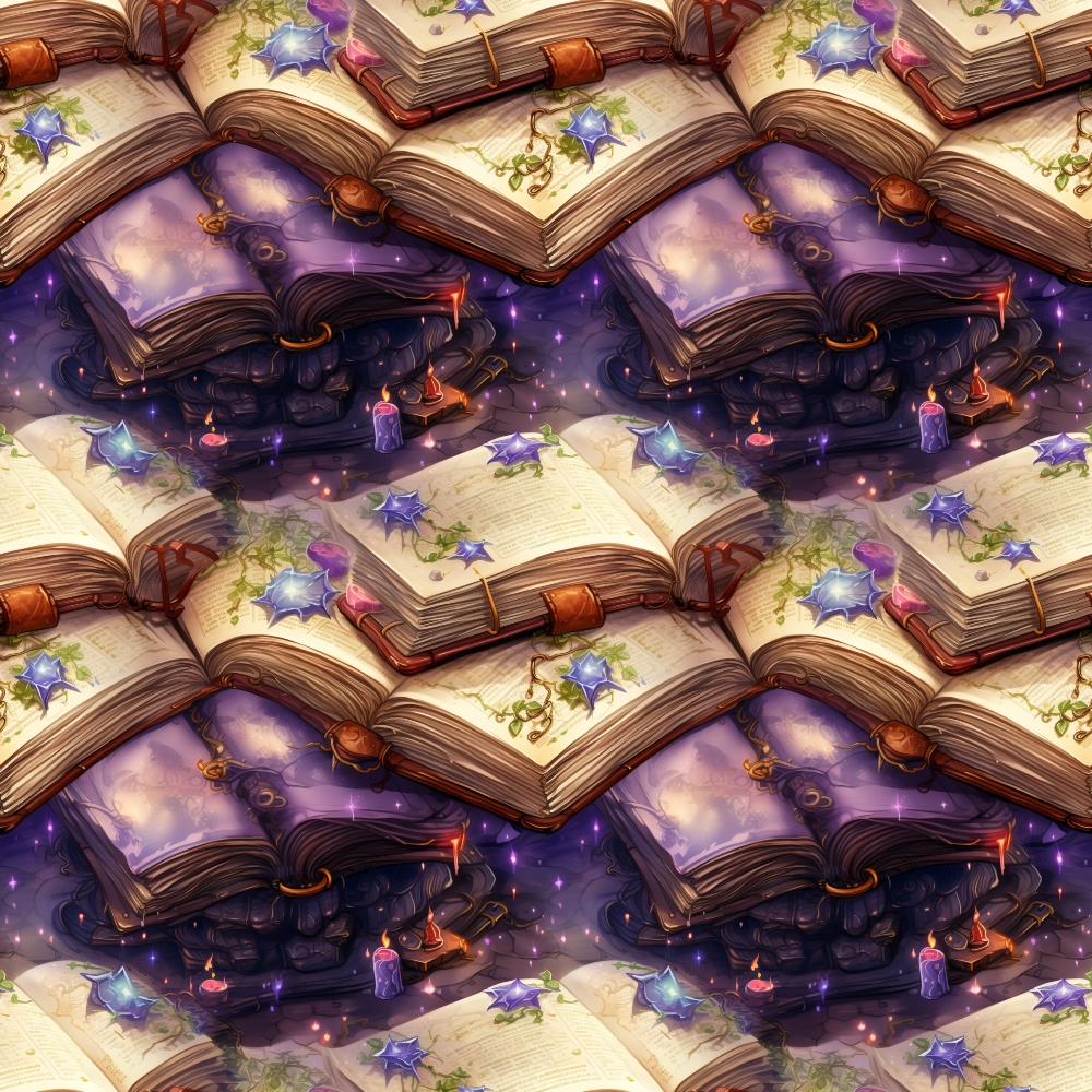 Pattern of open books with purple flowers, candles, and floating sparkles on a mystic-themed background.