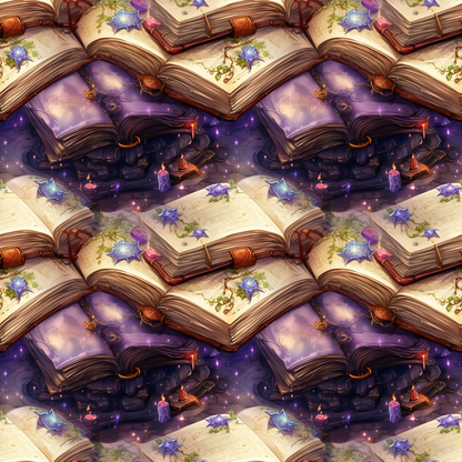 Pattern of open books with purple flowers, candles, and floating sparkles on a mystic-themed background.