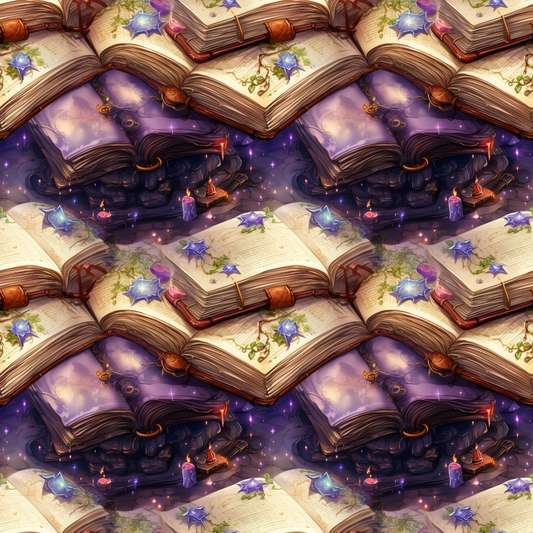 Pattern of open books with purple flowers, candles, and floating sparkles on a mystic-themed background.