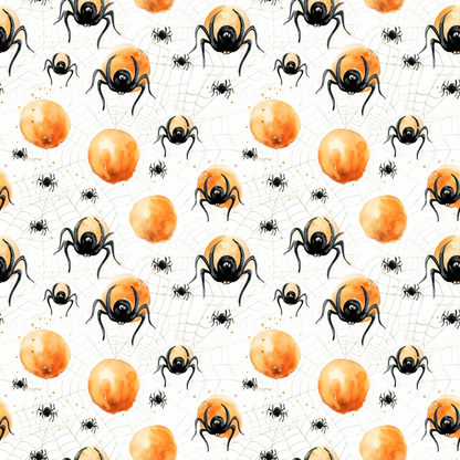 Patterned image with large black spiders, small black spiders, orange circles, and spiderwebs on a white background.