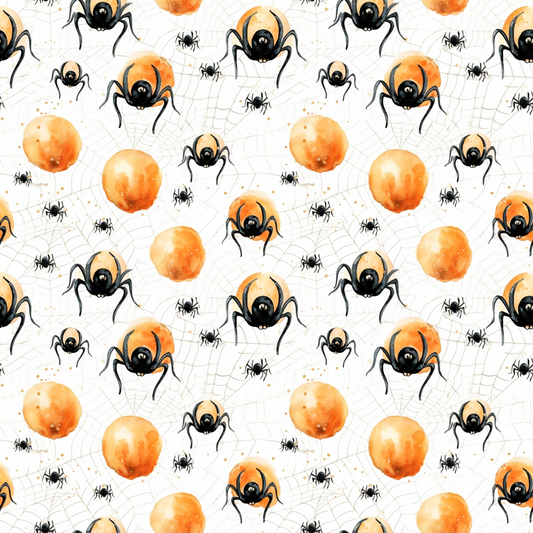 Patterned image with large black spiders, small black spiders, orange circles, and spiderwebs on a white background.