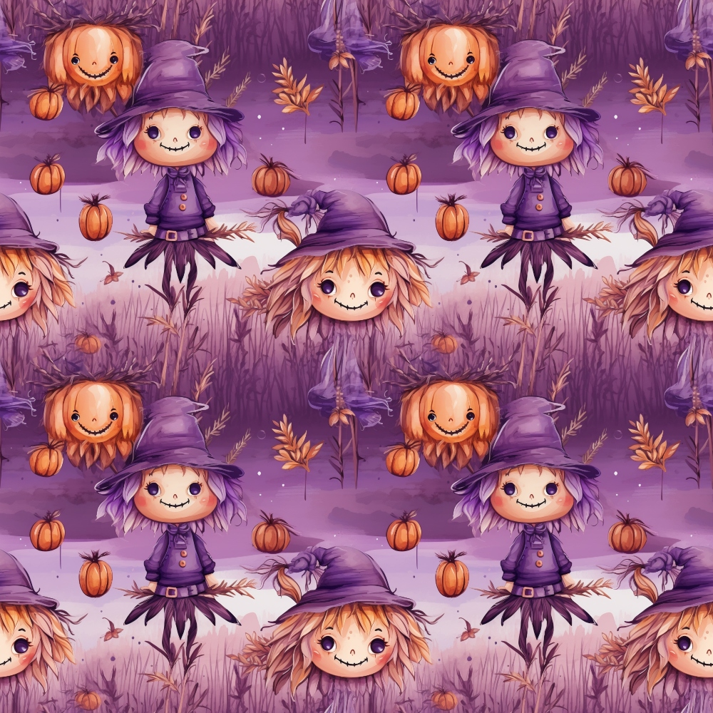 Pattern featuring cartoon witches and smiling pumpkins wearing hats on a purple background.