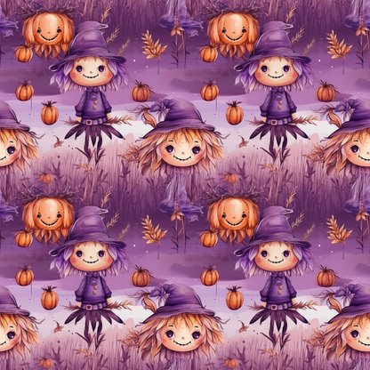 Pattern featuring cartoon witches and smiling pumpkins wearing hats on a purple background.