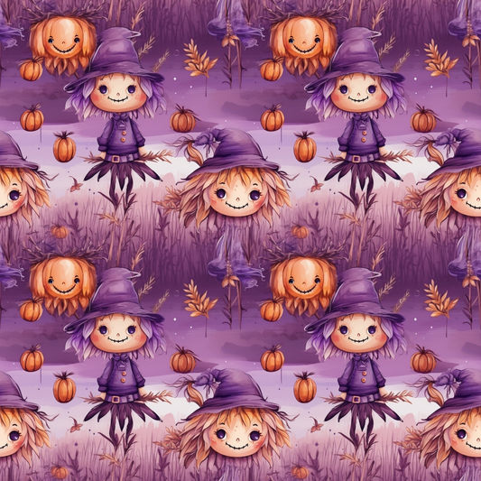 Pattern featuring cartoon witches and smiling pumpkins wearing hats on a purple background.