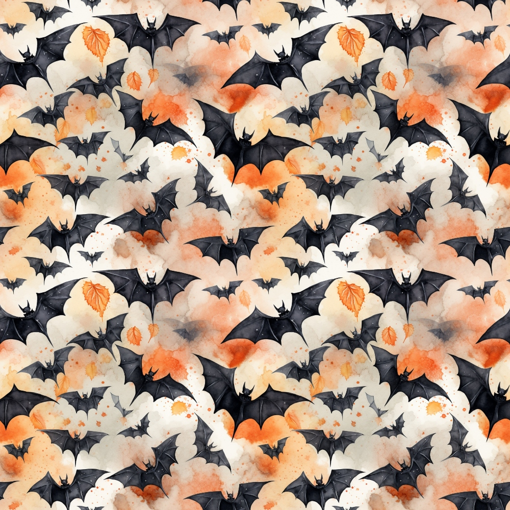 Seamless pattern featuring black bats and orange autumn leaves on a cloudy watercolor background.