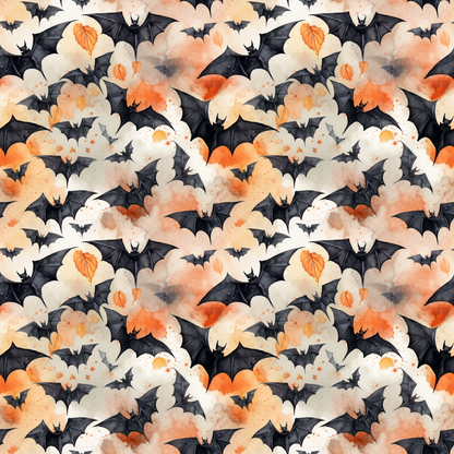 Seamless pattern featuring black bats and orange autumn leaves on a cloudy watercolor background.