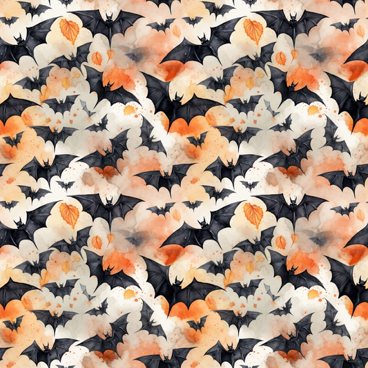 Seamless pattern featuring black bats and orange autumn leaves on a cloudy watercolor background.