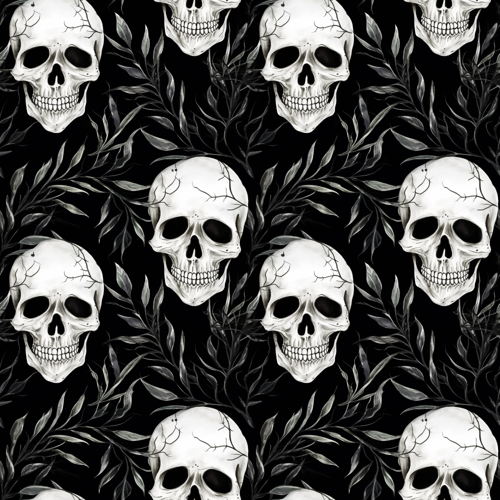 A repeating pattern of white skulls and grayish leaves on a black background.