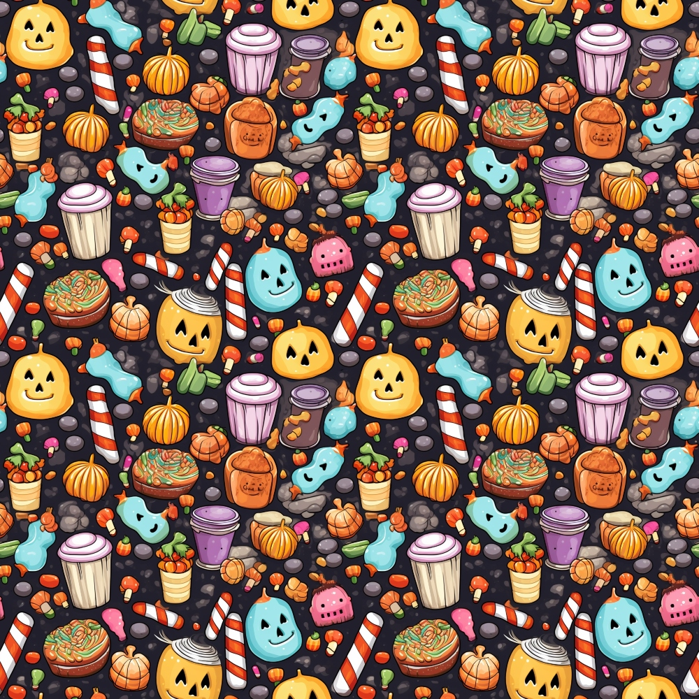 Colorful Halloween-themed pattern featuring cartoon candy, pumpkins, ghosts, and desserts on a dark background.