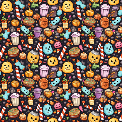 Colorful Halloween-themed pattern featuring cartoon candy, pumpkins, ghosts, and desserts on a dark background.